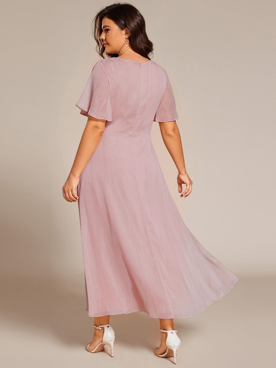 Plus Size Short Sleeve Twist Knot Metallic Midi Dress #color_Dusty Rose