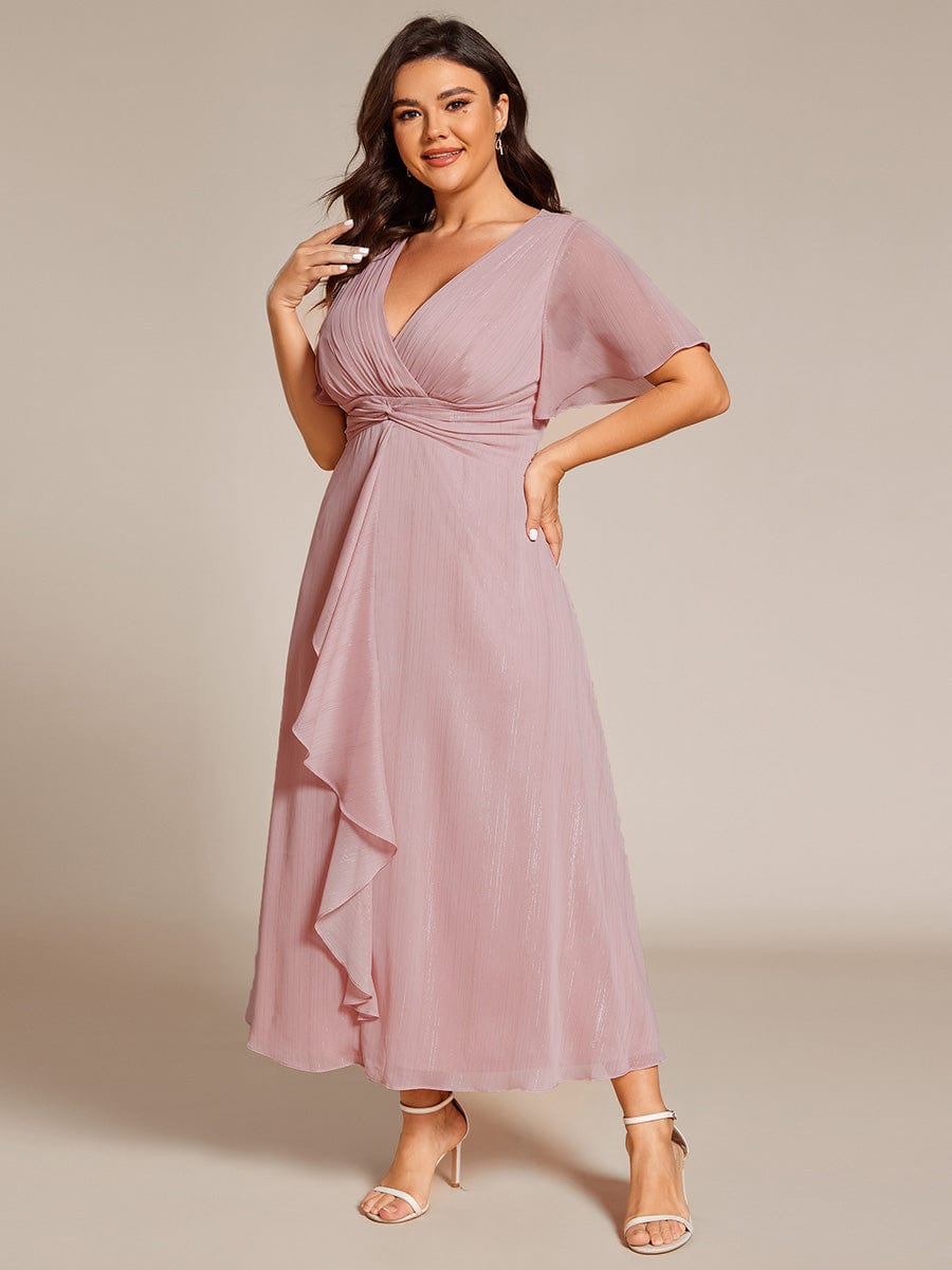 Plus Size Short Sleeve Twist Knot Metallic Midi Dress #color_Dusty Rose