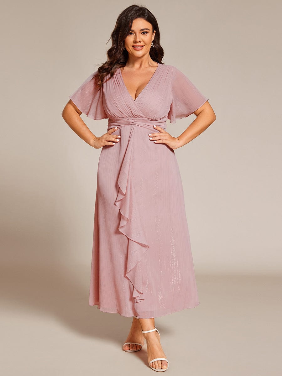 Plus Size Short Sleeve Twist Knot Metallic Midi Dress #color_Dusty Rose