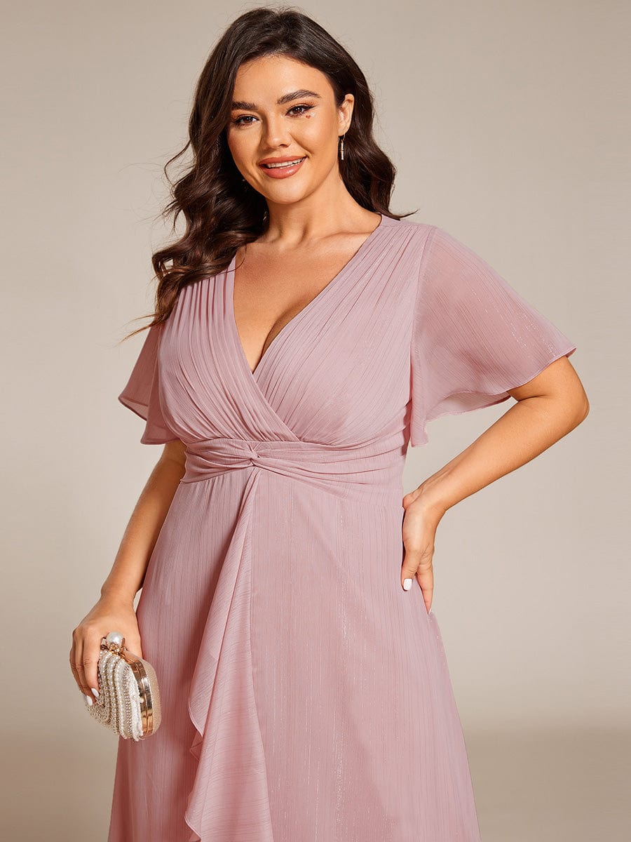 Plus Size Short Sleeve Twist Knot Metallic Midi Dress #color_Dusty Rose