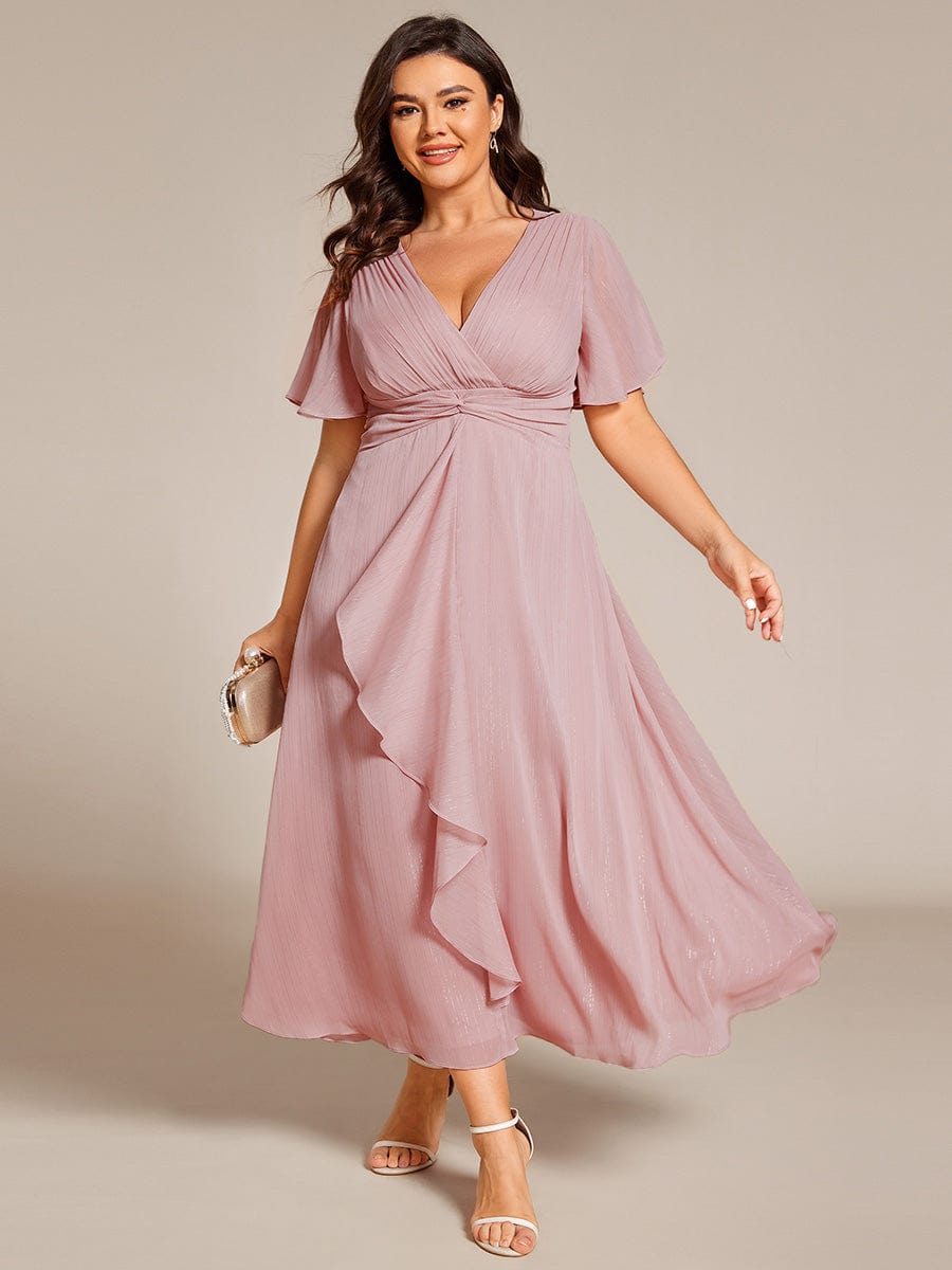 Plus Size Short Sleeve Twist Knot Metallic Midi Dress #color_Dusty Rose