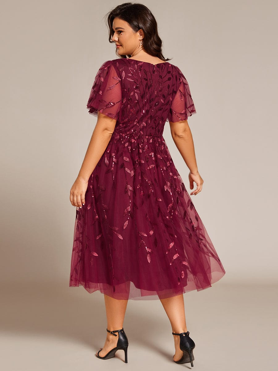 Plus Size A-Line Midi Dress with Leaf Sequin #color_Burgundy