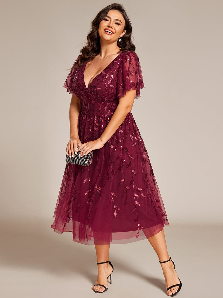 Plus Size A-Line Midi Dress with Leaf Sequin #color_Burgundy