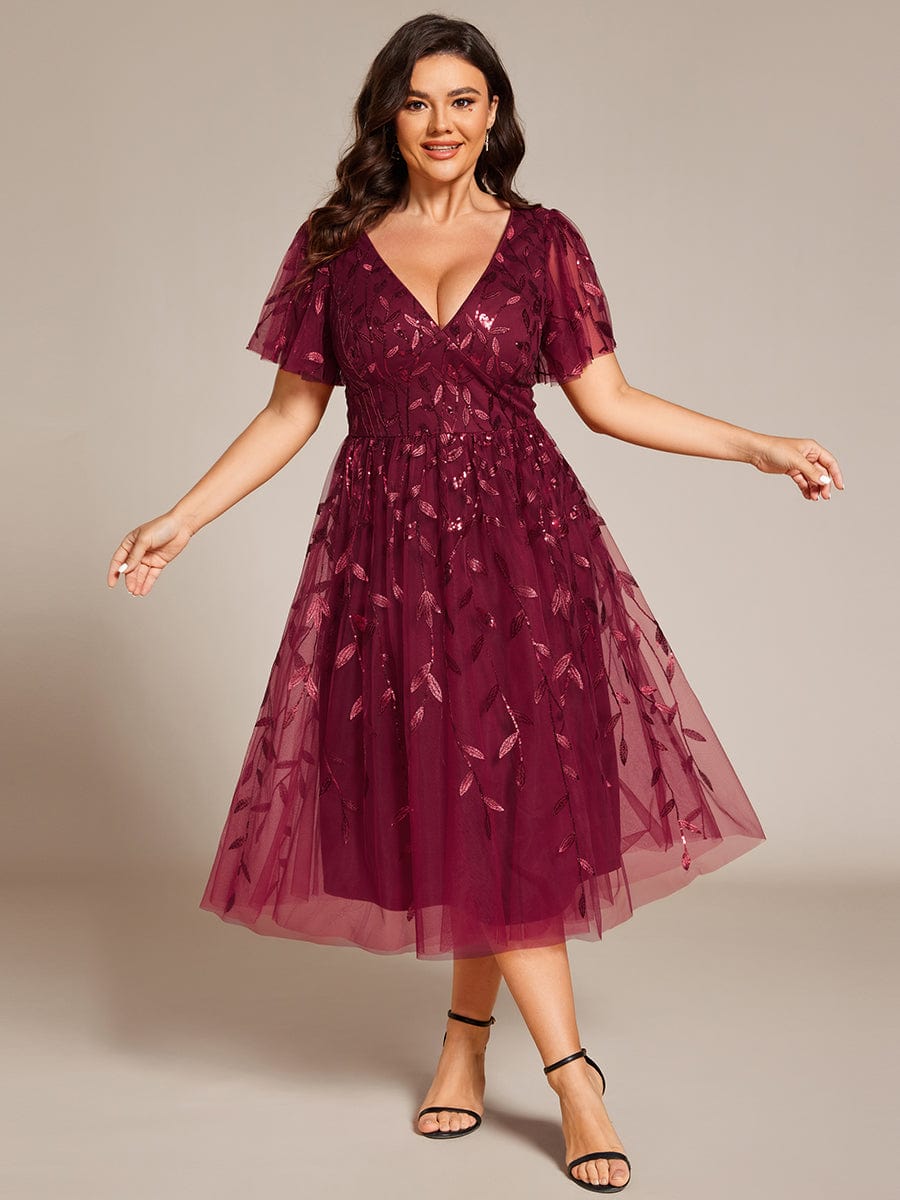 Plus Size A-Line Midi Dress with Leaf Sequin #color_Burgundy