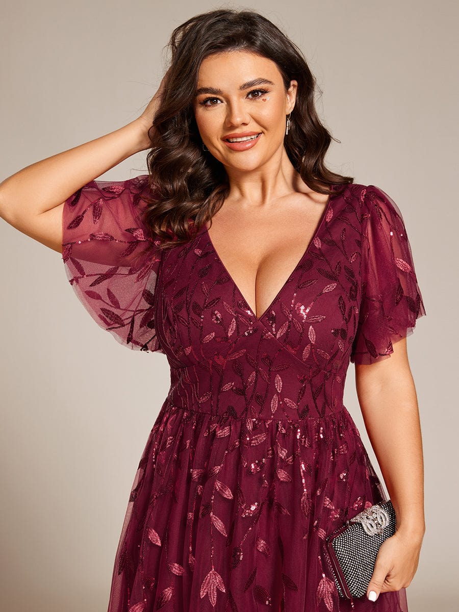 Plus Size A-Line Midi Dress with Leaf Sequin #color_Burgundy