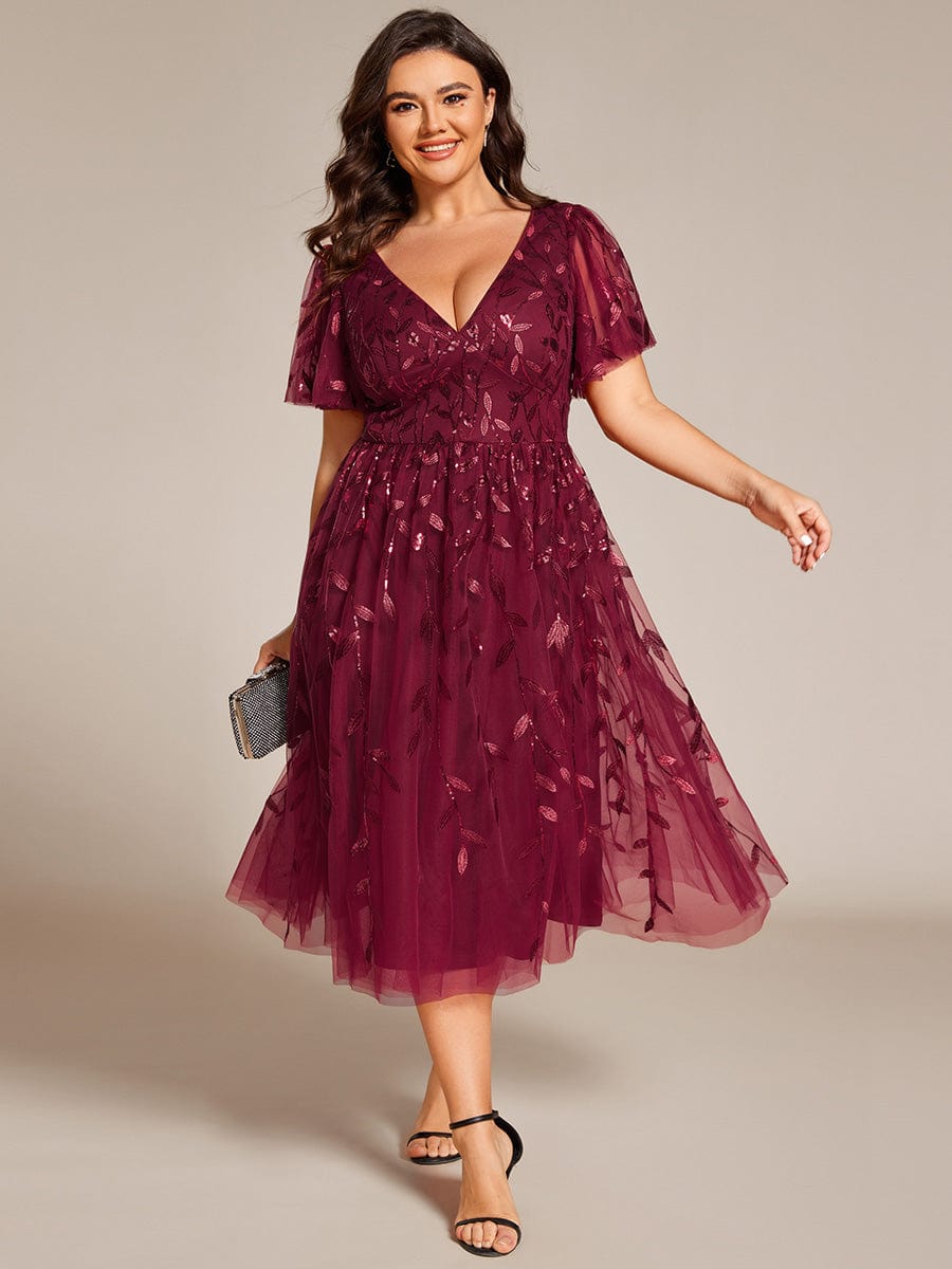 Plus Size A-Line Midi Dress with Leaf Sequin #color_Burgundy