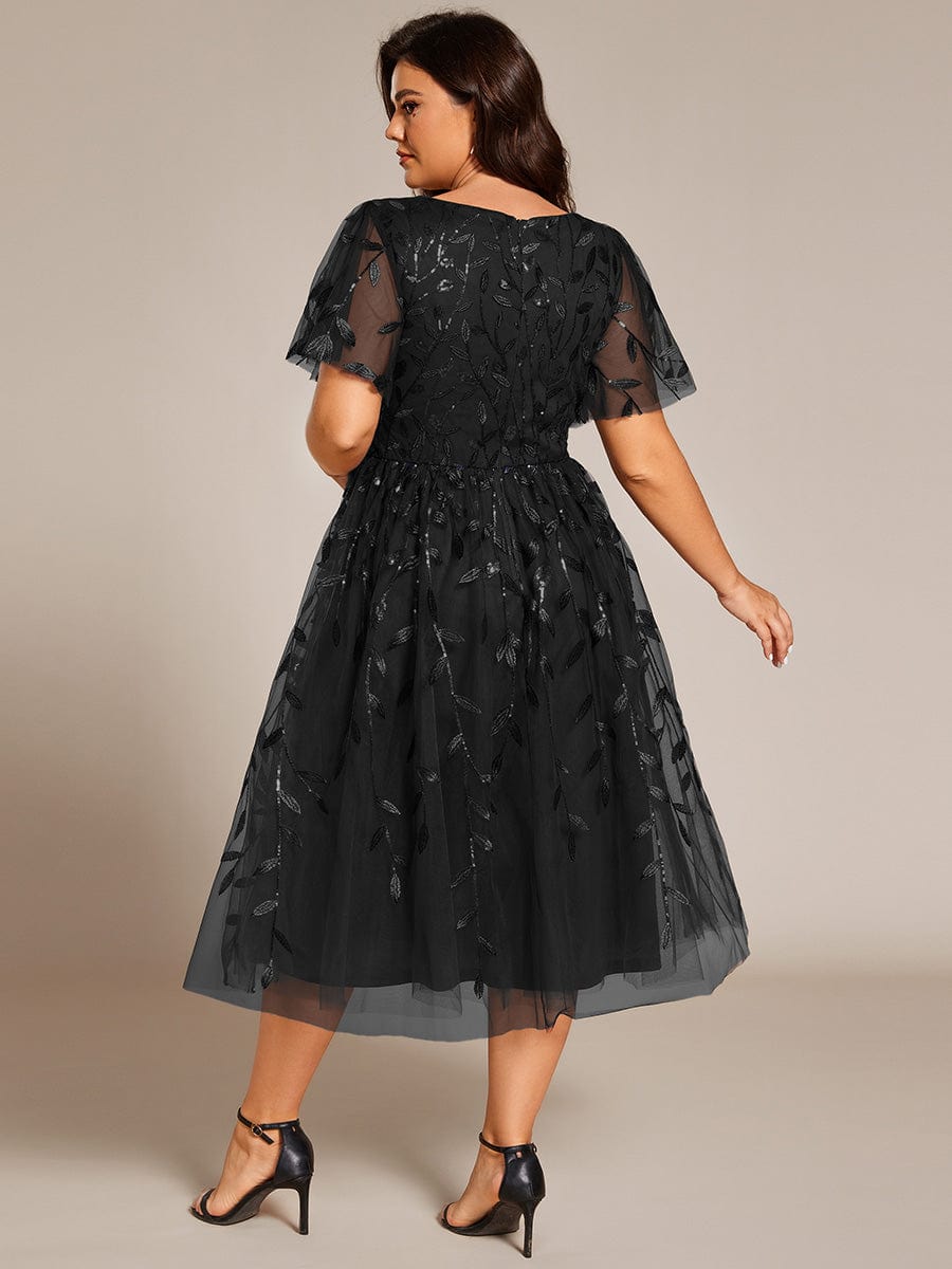 Plus Size A-Line Midi Dress with Leaf Sequin #color_Black