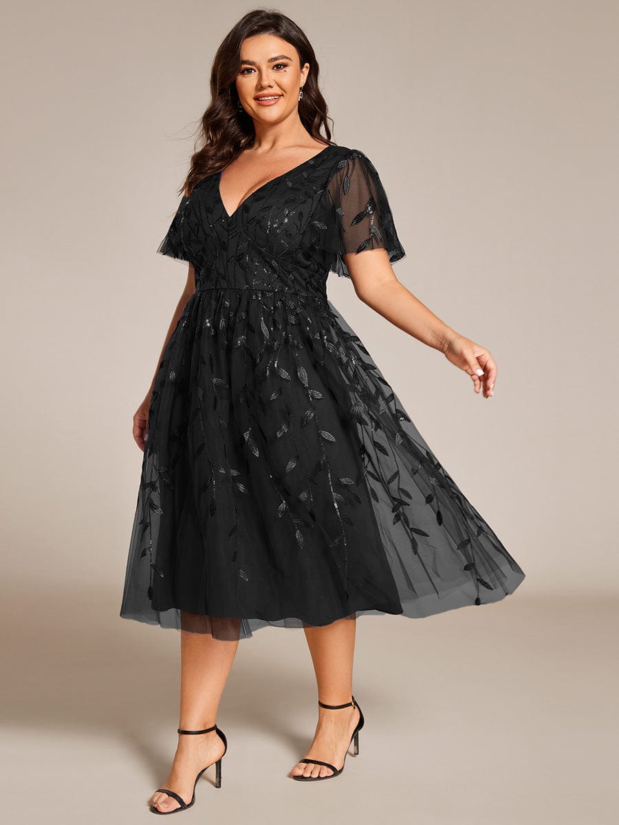 Plus Size A-Line Midi Dress with Leaf Sequin #color_Black