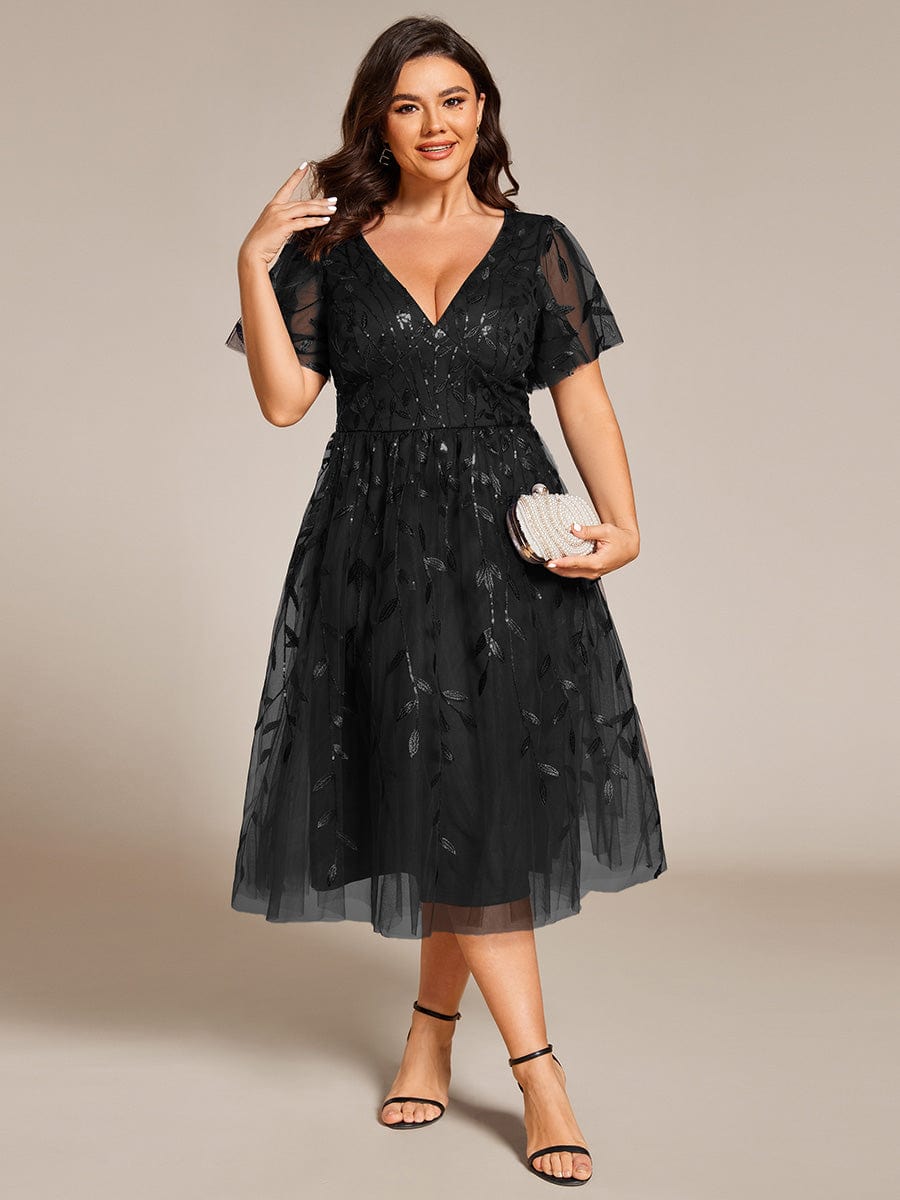 Plus Size A-Line Midi Dress with Leaf Sequin #color_Black