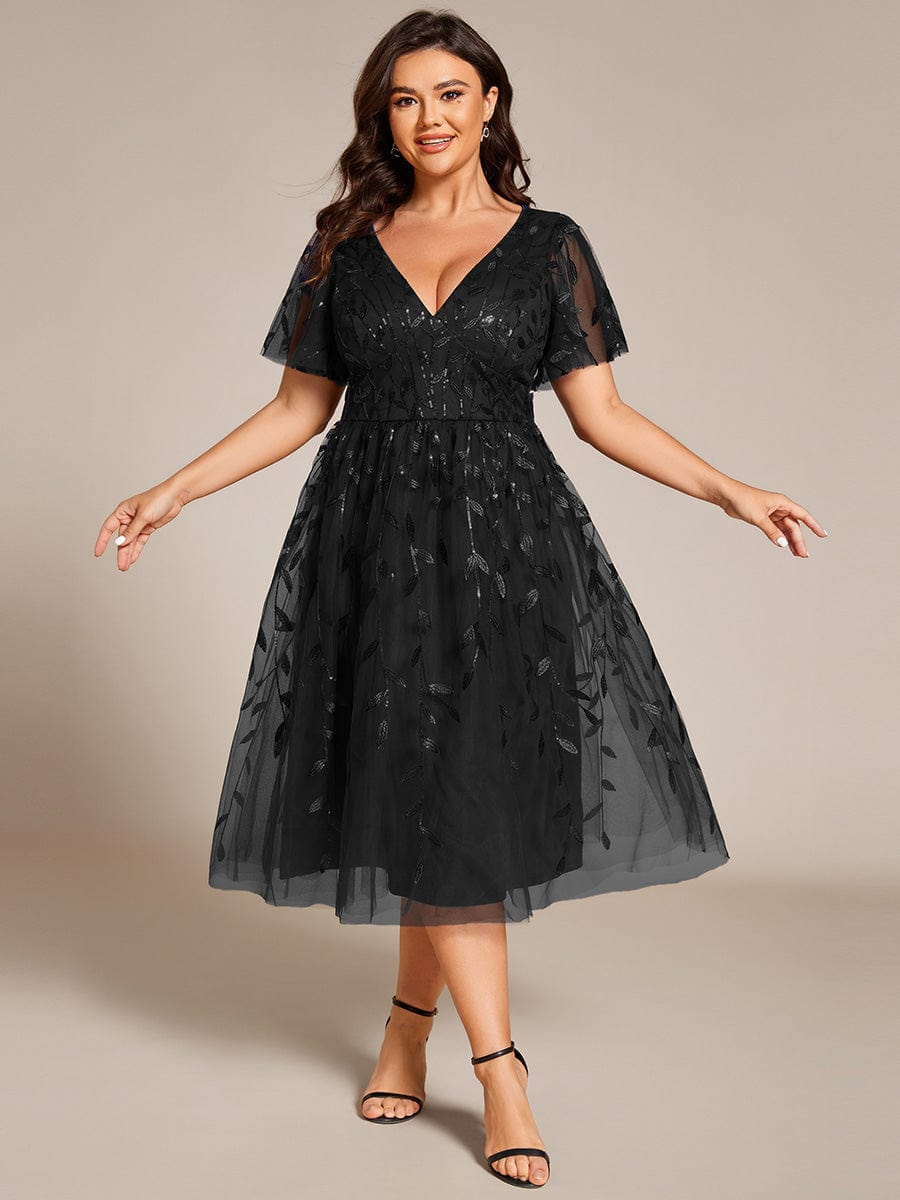 Plus Size A-Line Midi Dress with Leaf Sequin #color_Black