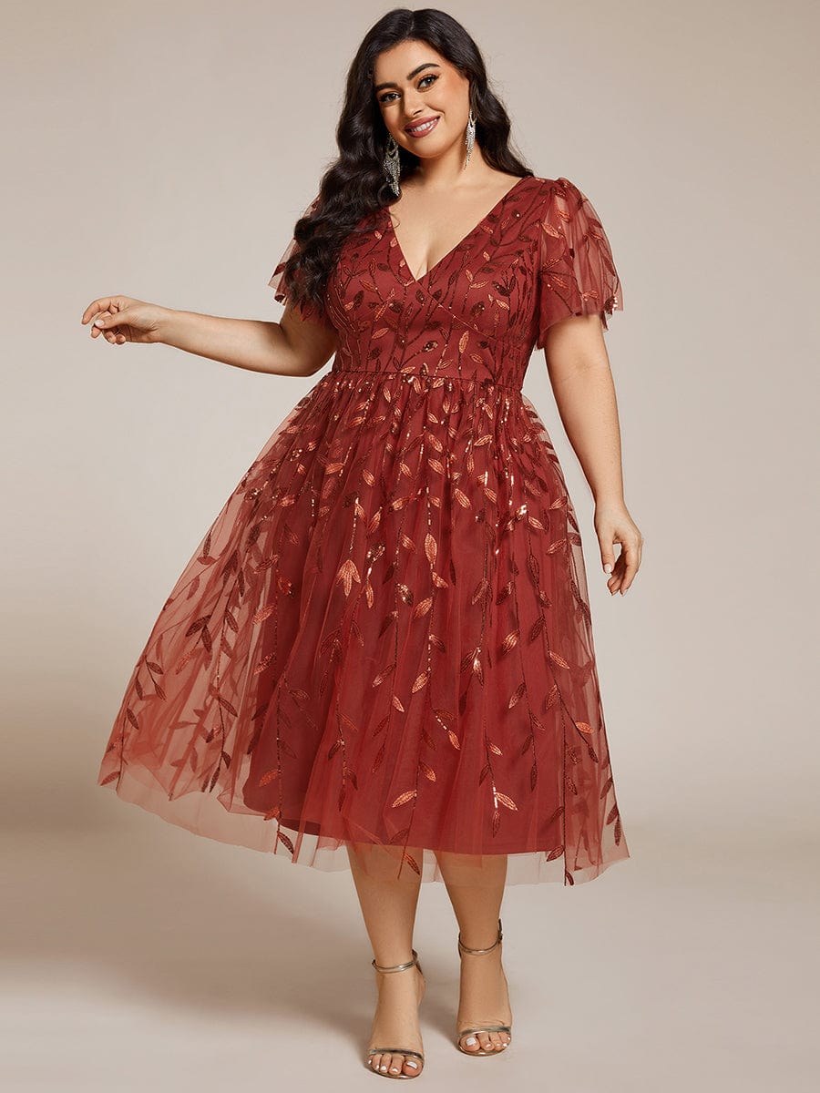 Plus Size A-Line Midi Dress with Leaf Sequin #color_Burnt Orange