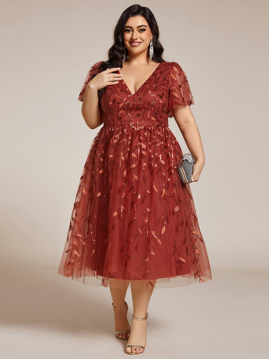 Plus Size A-Line Midi Dress with Leaf Sequin #color_Burnt Orange