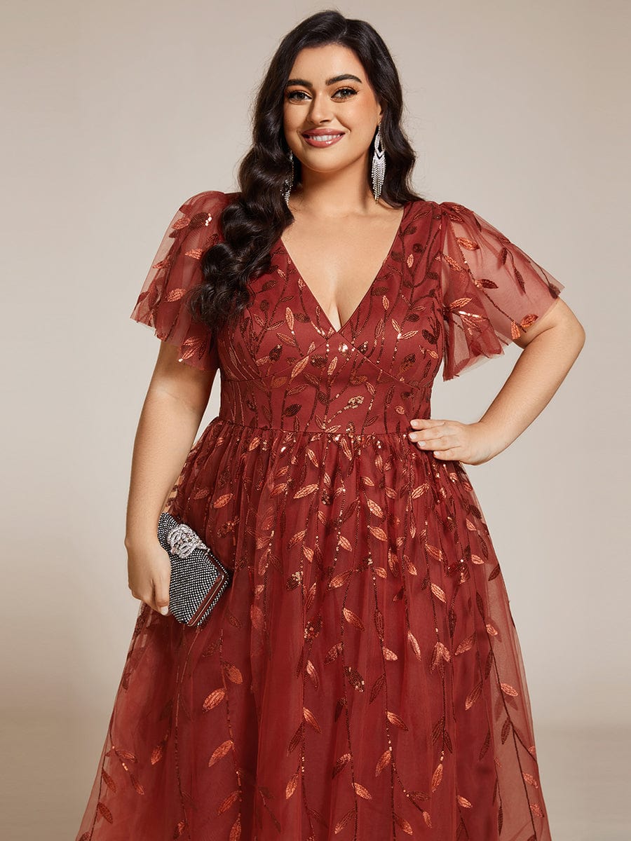 Plus Size A-Line Midi Dress with Leaf Sequin #color_Burnt Orange