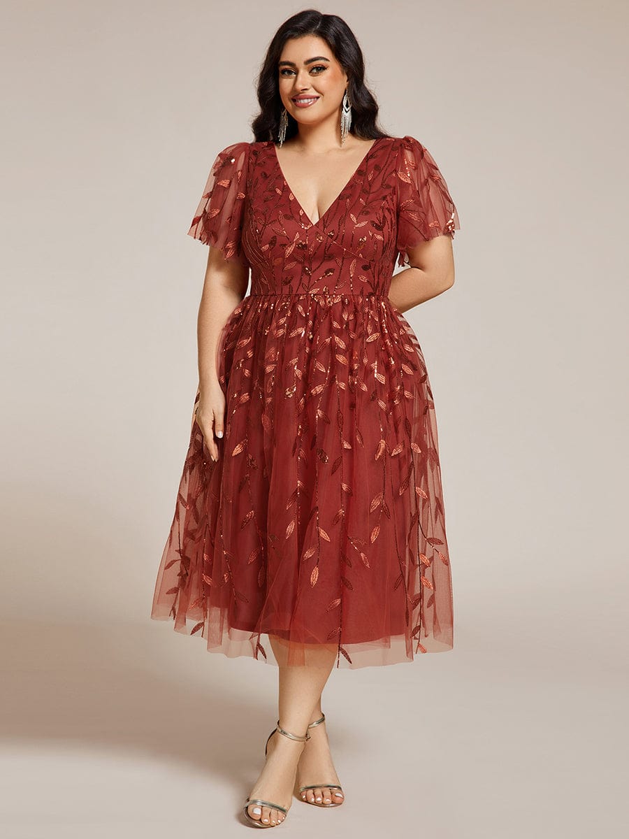 Plus Size A-Line Midi Dress with Leaf Sequin #color_Burnt Orange