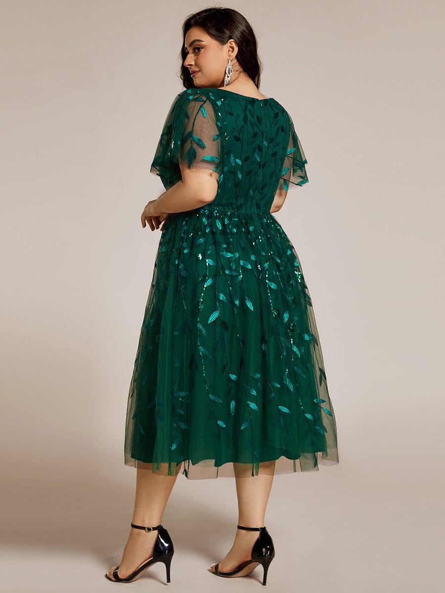 Plus Size A-Line Midi Dress with Leaf Sequin #color_Dark Green