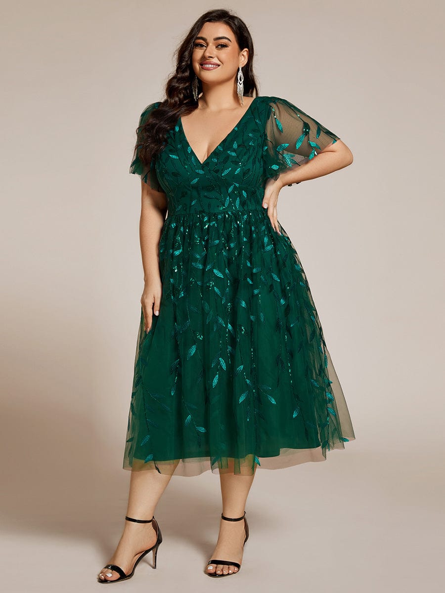 Plus Size A-Line Midi Dress with Leaf Sequin #color_Dark Green