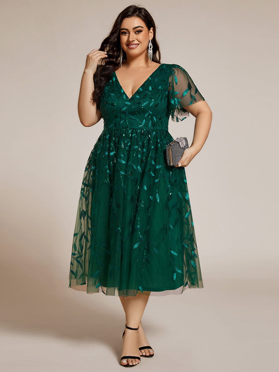 Plus Size A-Line Midi Dress with Leaf Sequin #color_Dark Green