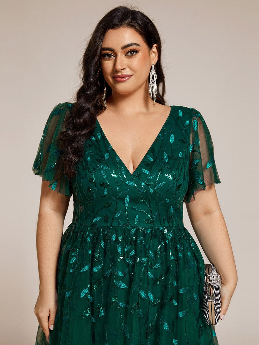 Plus Size A-Line Midi Dress with Leaf Sequin #color_Dark Green