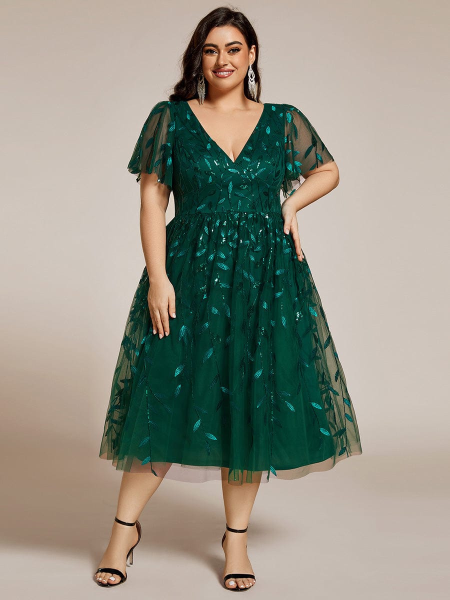 Plus Size A-Line Midi Dress with Leaf Sequin #color_Dark Green