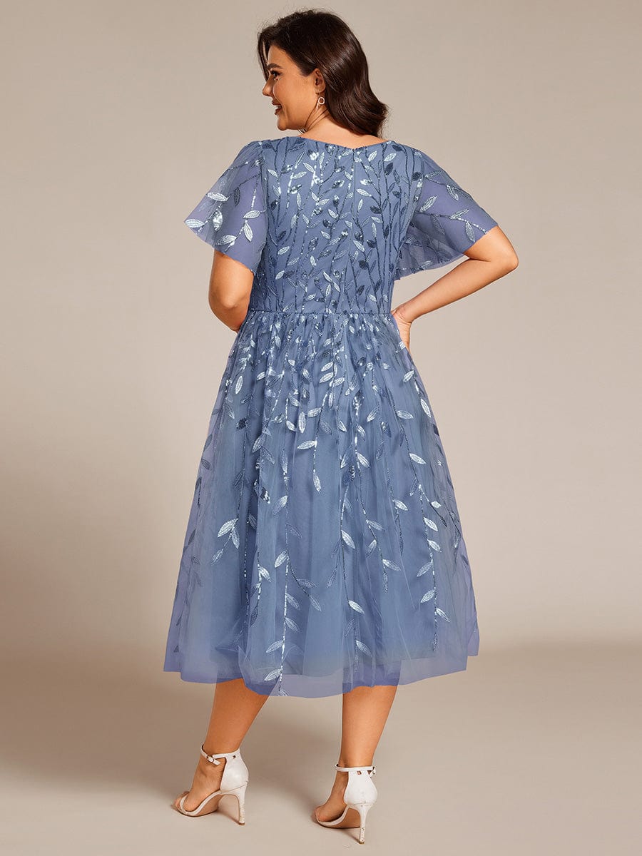 Plus Size A-Line Midi Dress with Leaf Sequin #color_Dusty Blue