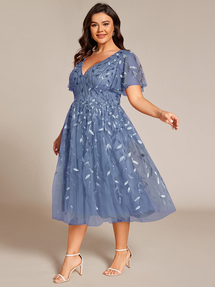 Plus Size A-Line Midi Dress with Leaf Sequin #color_Dusty Blue