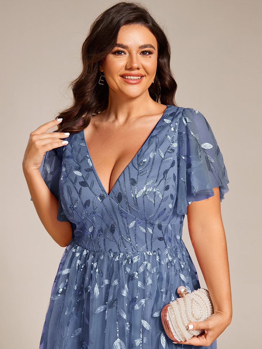 Plus Size A-Line Midi Dress with Leaf Sequin #color_Dusty Blue