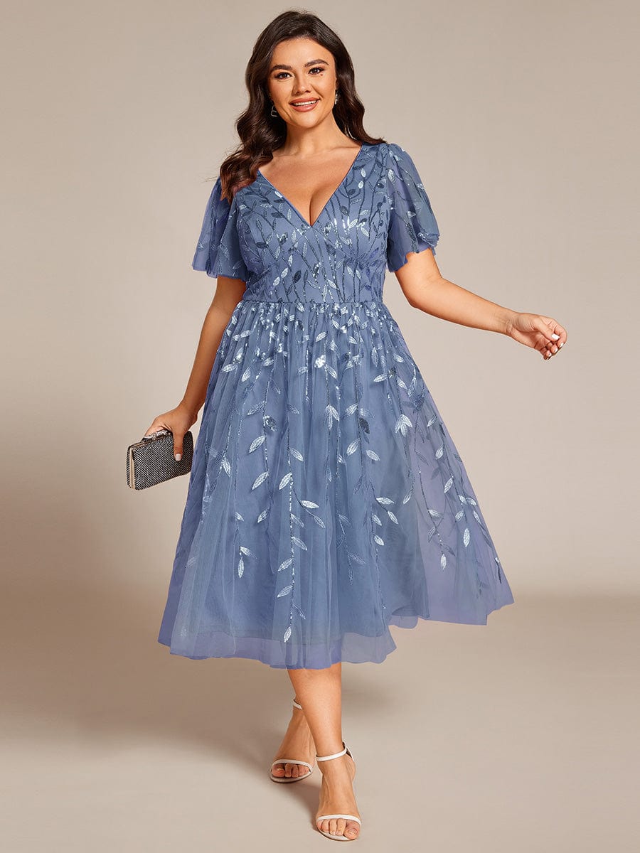 Plus Size A-Line Midi Dress with Leaf Sequin #color_Dusty Blue