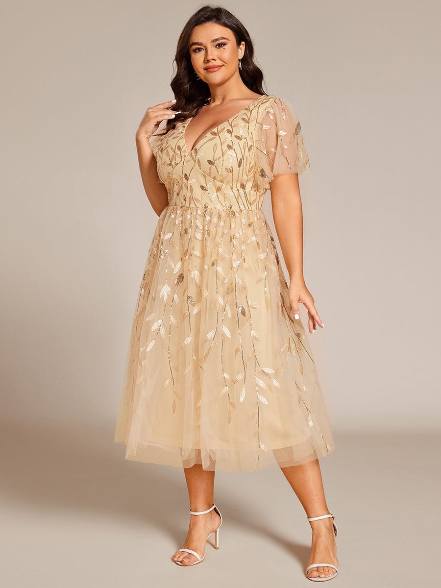 Plus Size A-Line Midi Dress with Leaf Sequin #color_Gold