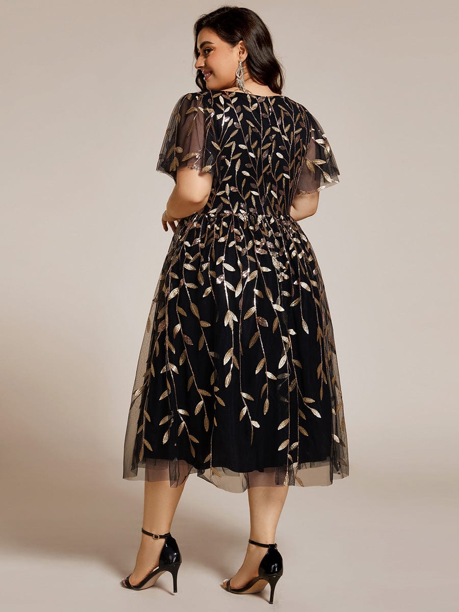 Plus Size A-Line Midi Dress with Leaf Sequin #color_Black & Gold