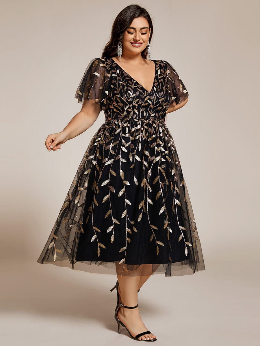 Plus Size A-Line Midi Dress with Leaf Sequin #color_Black & Gold