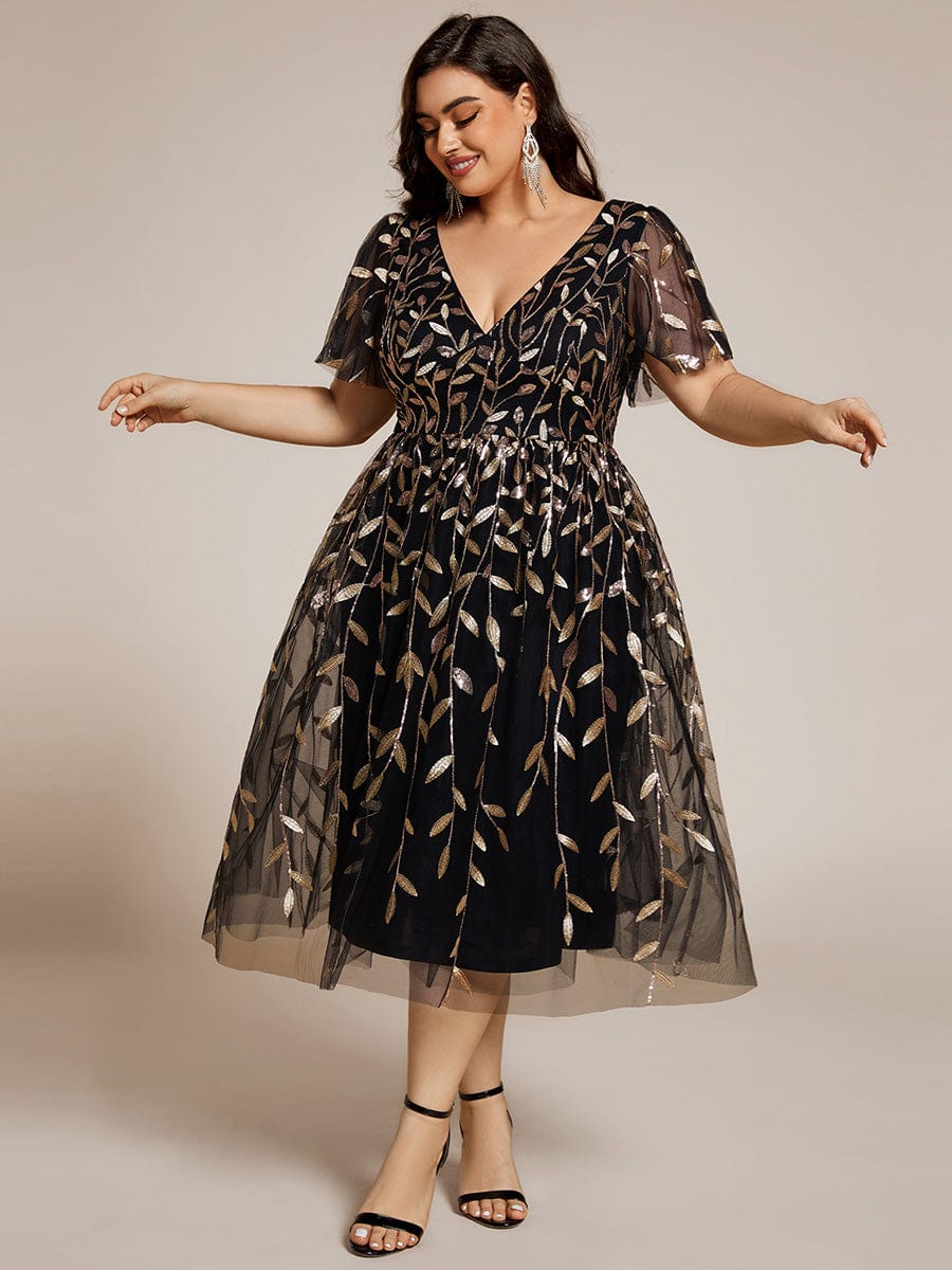 Plus Size A-Line Midi Dress with Leaf Sequin #color_Black & Gold