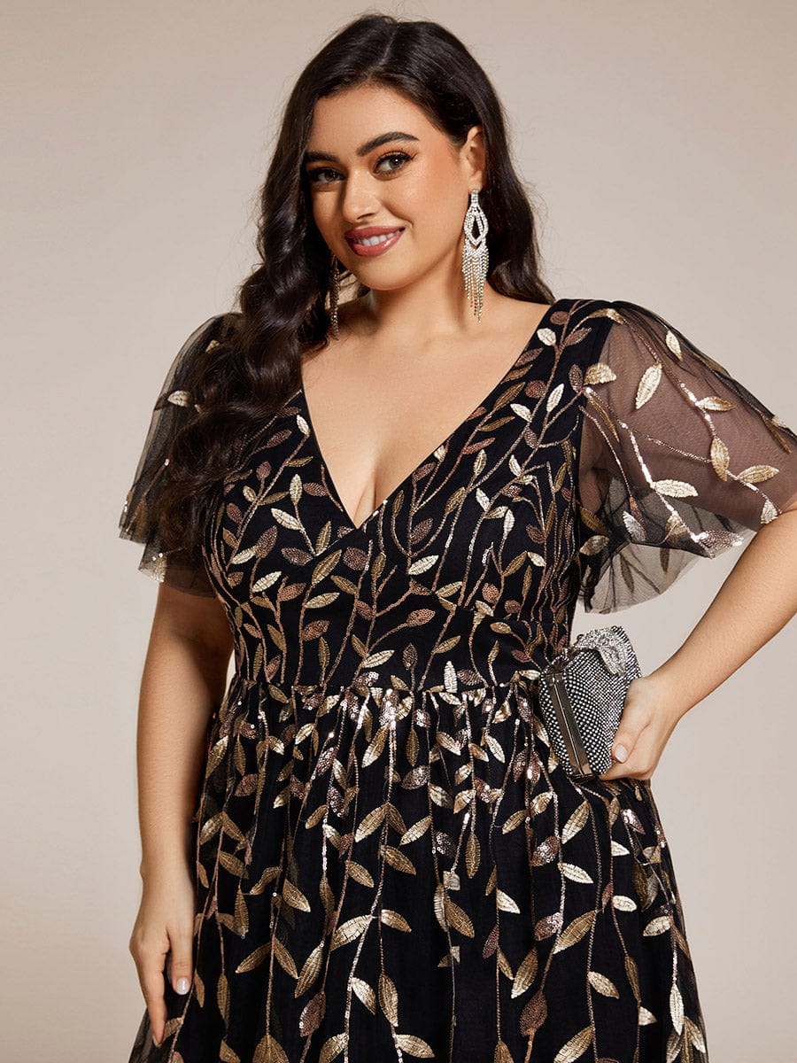 Plus Size A-Line Midi Dress with Leaf Sequin #color_Black & Gold