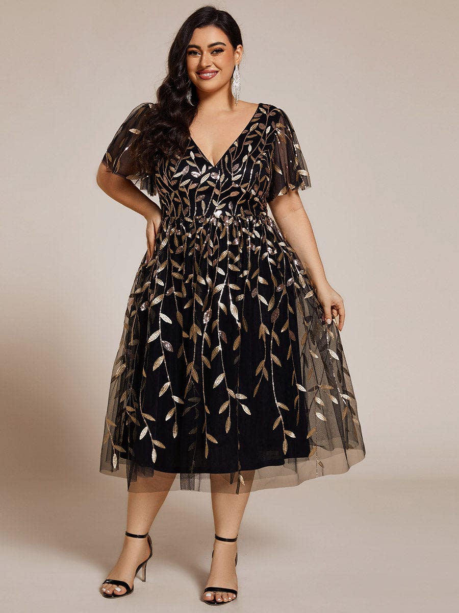 Plus Size A-Line Midi Dress with Leaf Sequin #color_Black & Gold