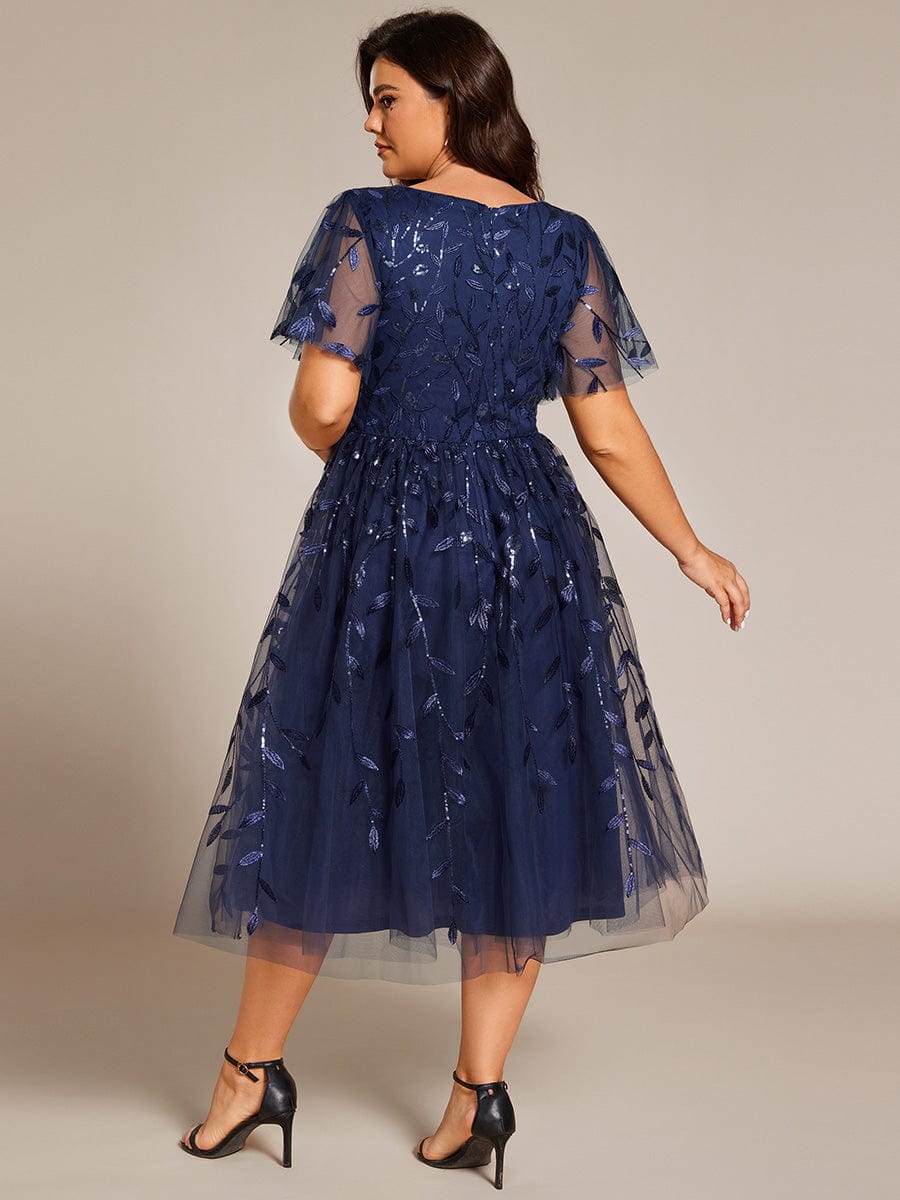 Plus Size A-Line Midi Dress with Leaf Sequin #color_Navy Blue