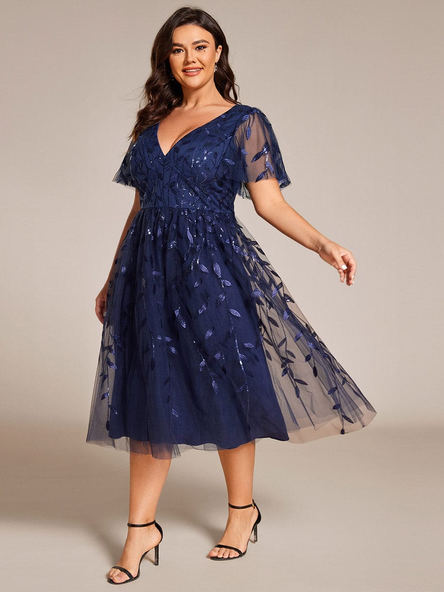 Plus Size A-Line Midi Dress with Leaf Sequin #color_Navy Blue