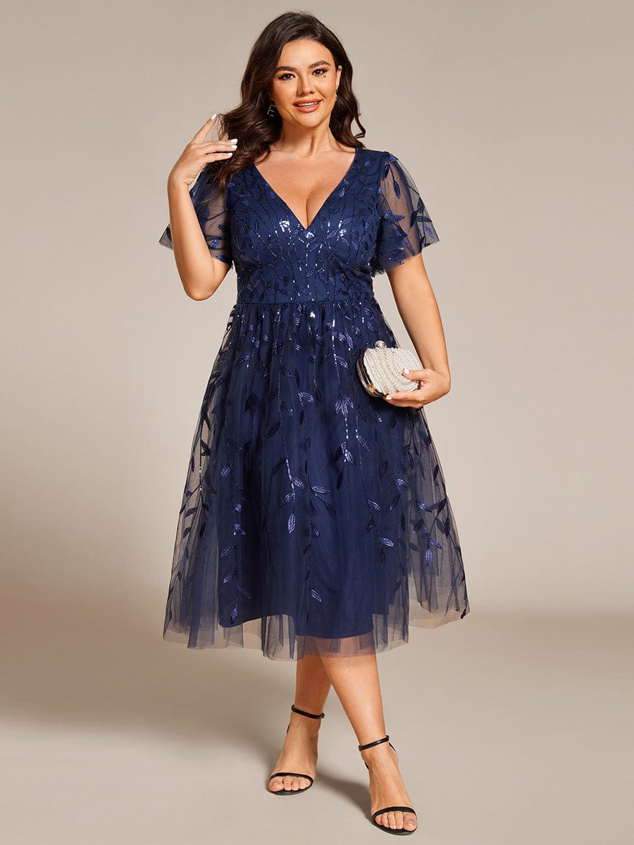 Plus Size A-Line Midi Dress with Leaf Sequin #color_Navy Blue