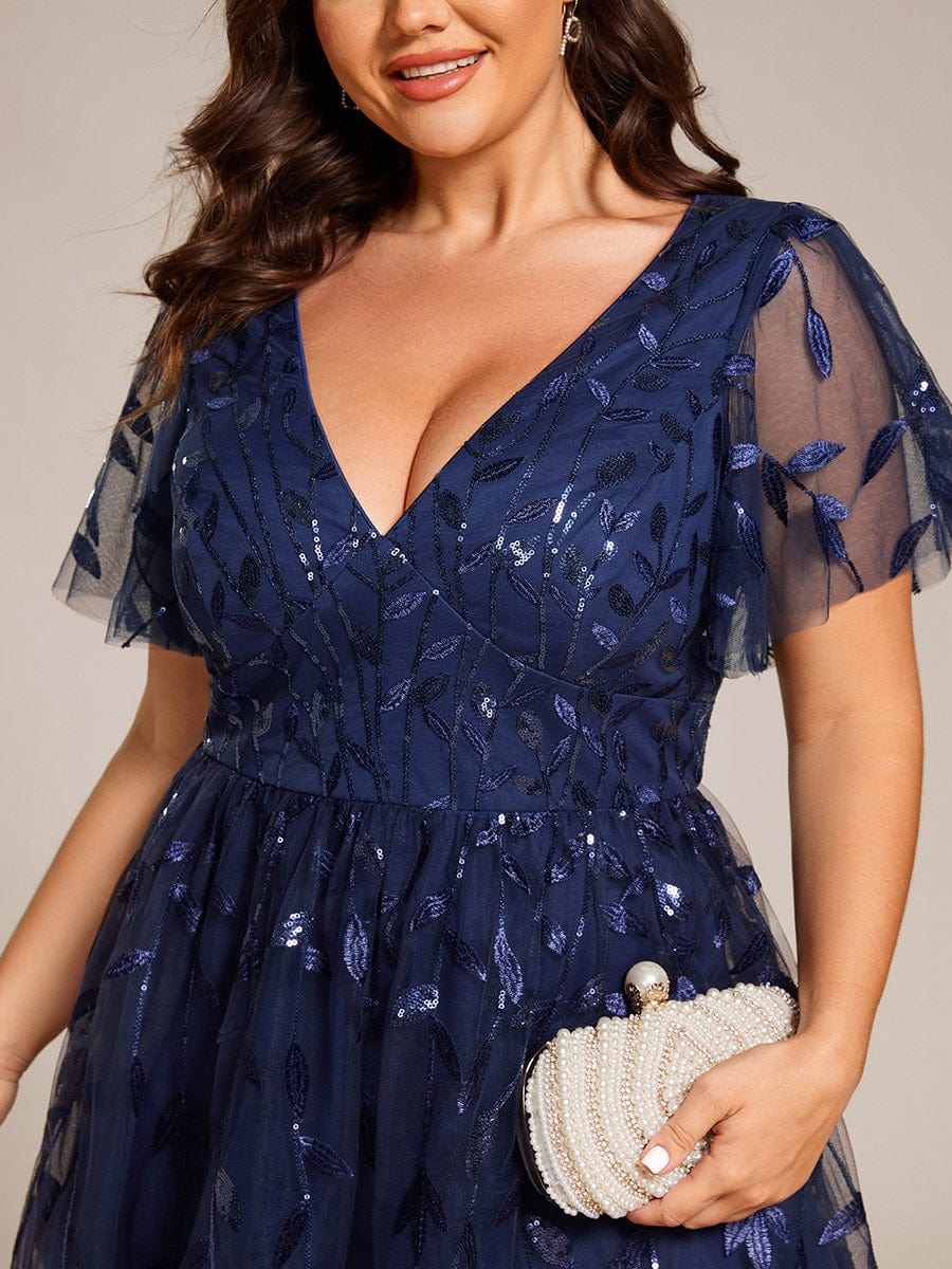 Plus Size A-Line Midi Dress with Leaf Sequin #color_Navy Blue