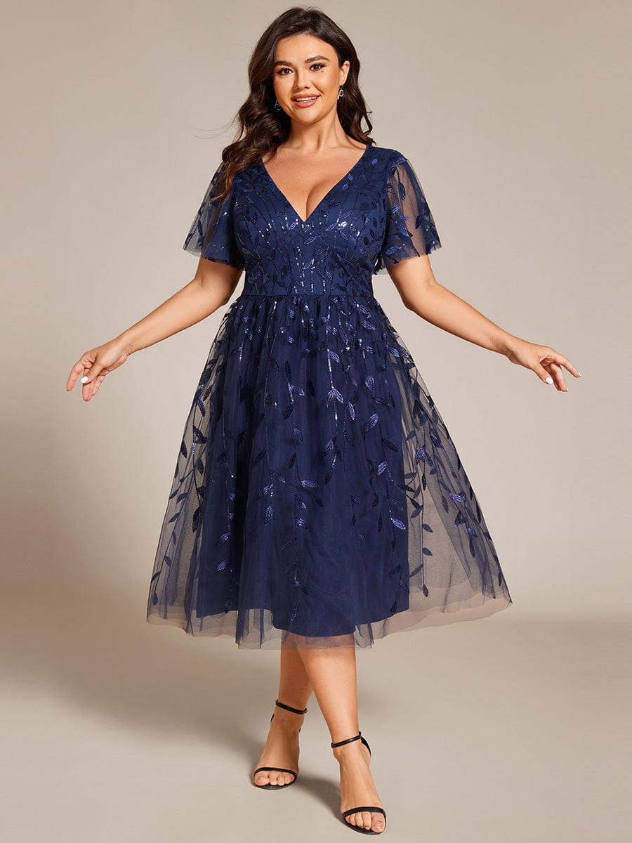 Plus Size A-Line Midi Dress with Leaf Sequin #color_Navy Blue