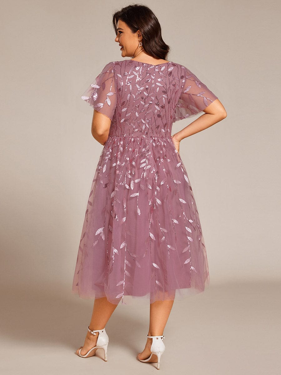 Plus Size A-Line Midi Dress with Leaf Sequin #color_Purple Orchid