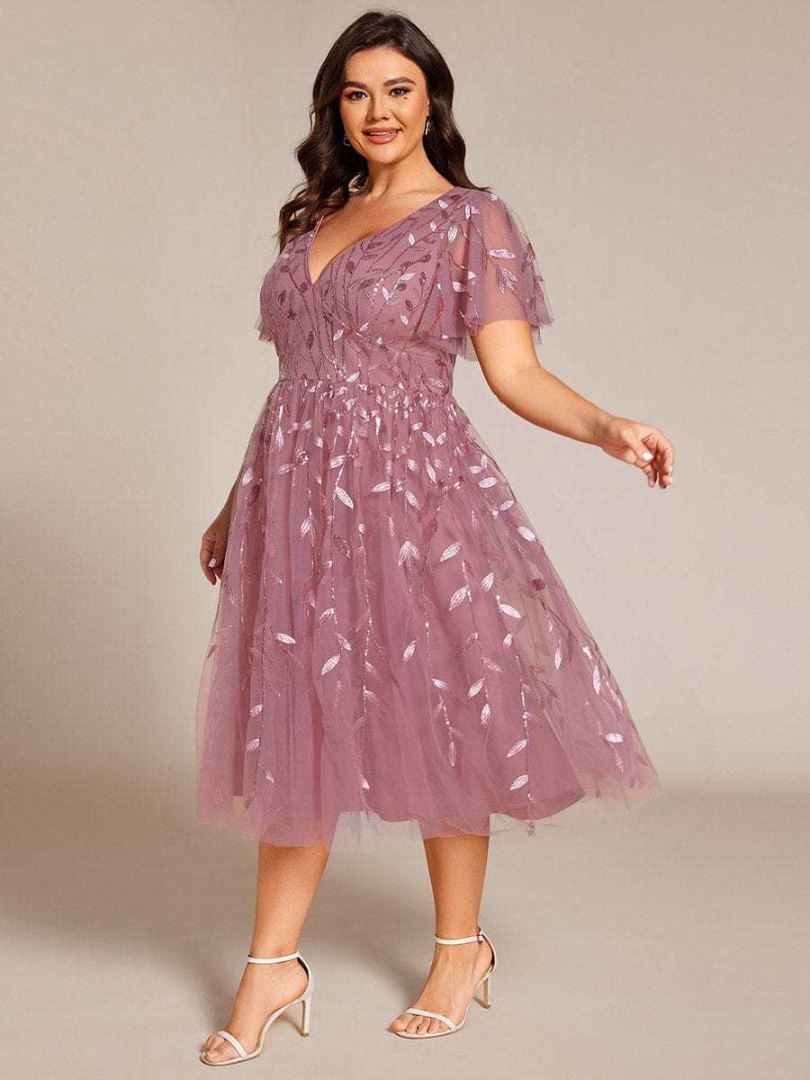 Plus Size A-Line Midi Dress with Leaf Sequin #color_Purple Orchid