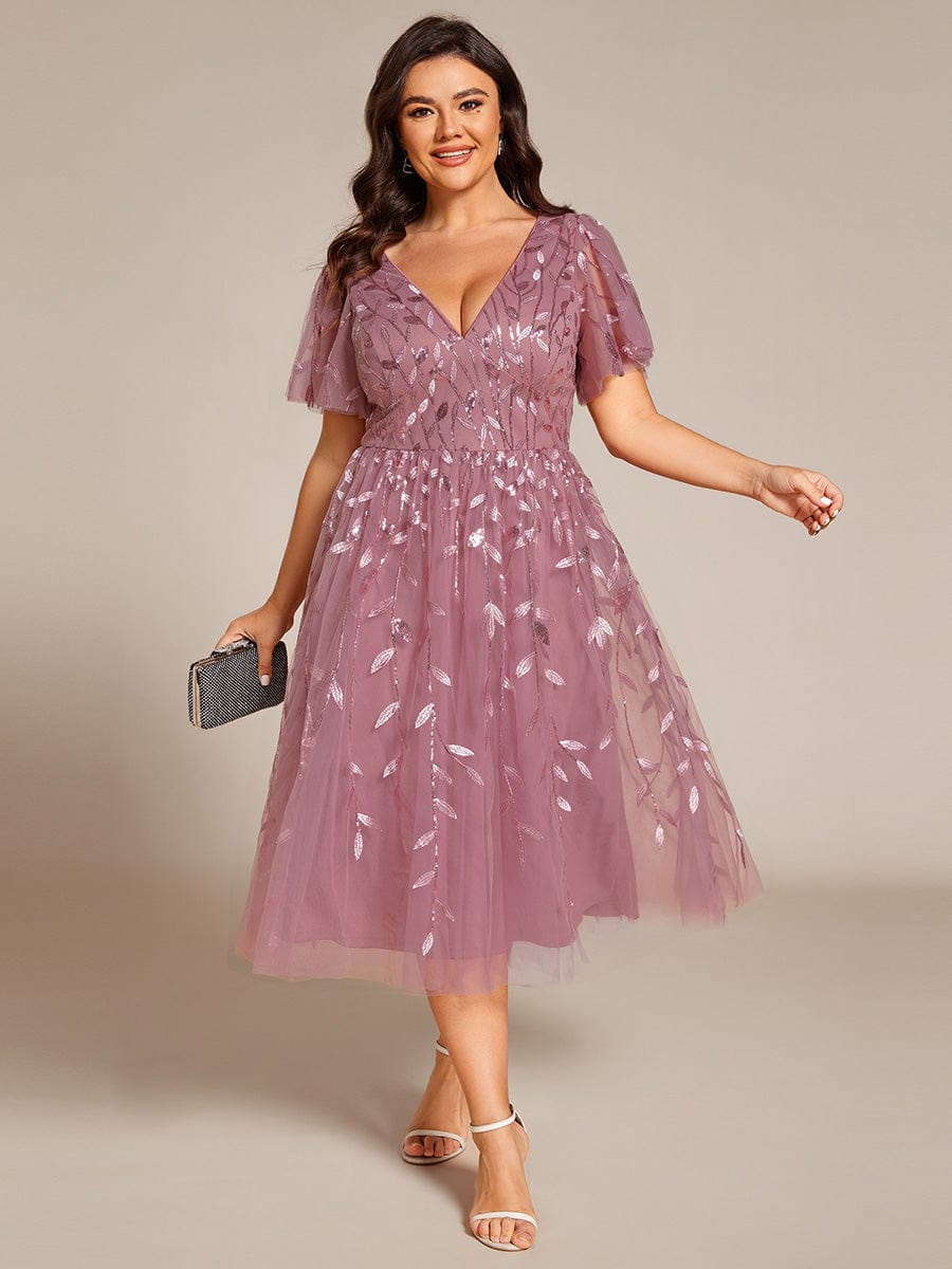 Plus Size A-Line Midi Dress with Leaf Sequin #color_Purple Orchid