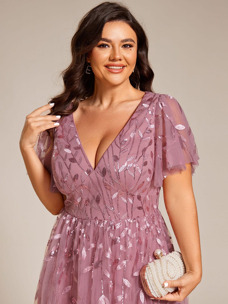 Plus Size A-Line Midi Dress with Leaf Sequin #color_Purple Orchid