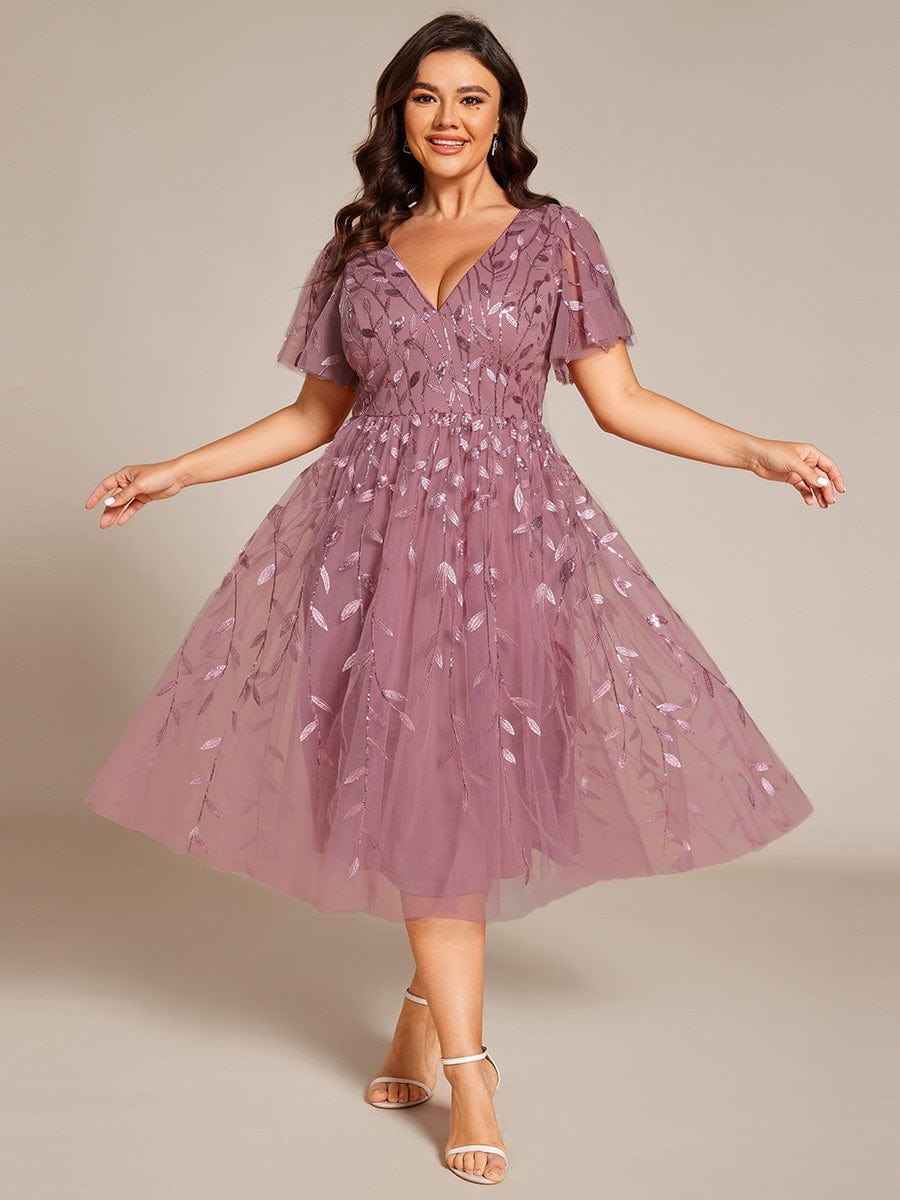 Plus Size A-Line Midi Dress with Leaf Sequin #color_Purple Orchid