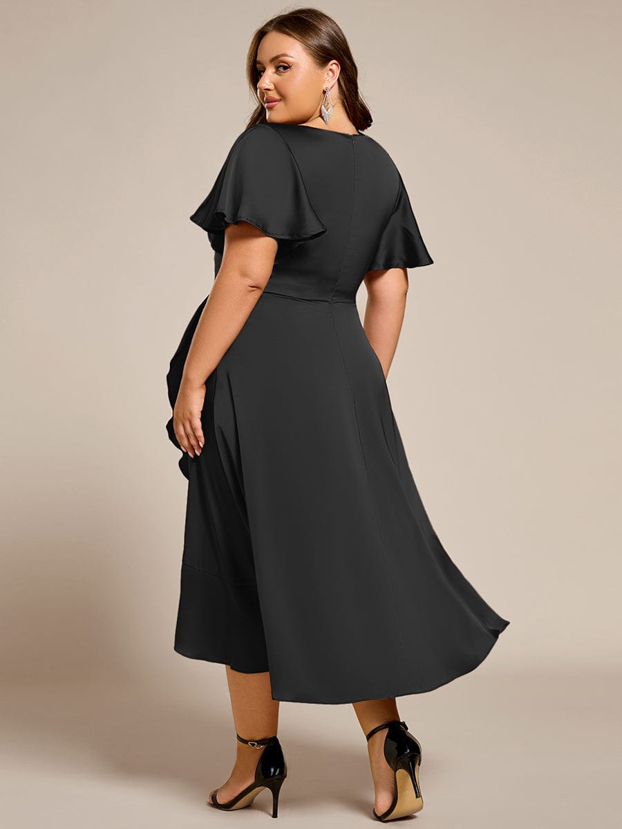 Plus Size V-Neck Satin Midi Dress with Ruffled Skirt #color_Black