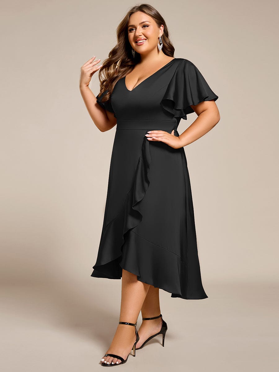 Plus Size V-Neck Satin Midi Dress with Ruffled Skirt #color_Black