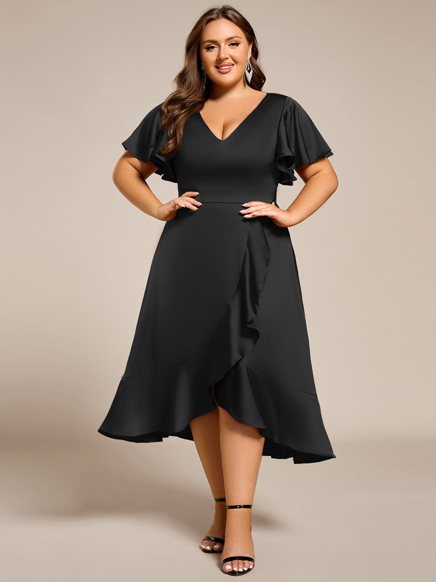 Plus Size V-Neck Satin Midi Dress with Ruffled Skirt #color_Black