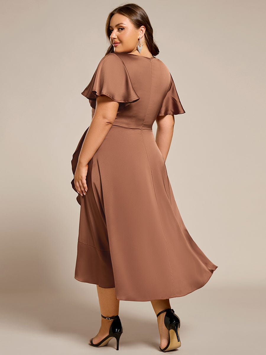 Plus Size V-Neck Satin Midi Dress with Ruffled Skirt #color_Brown