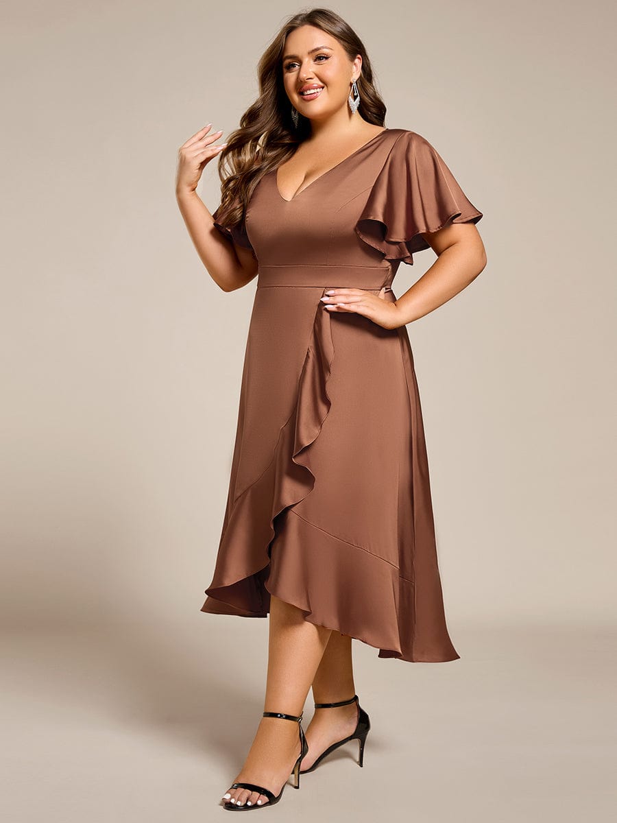 Plus Size V-Neck Satin Midi Dress with Ruffled Skirt #color_Brown