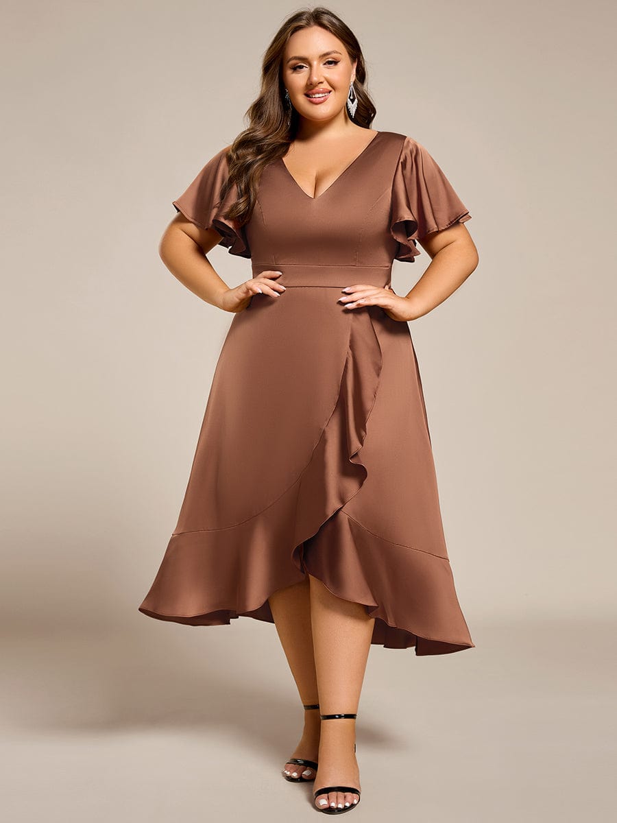 Plus Size V-Neck Satin Midi Dress with Ruffled Skirt #color_Brown