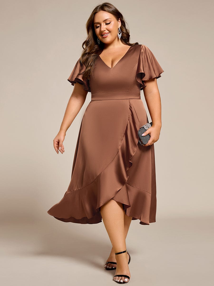 Plus Size V-Neck Satin Midi Dress with Ruffled Skirt #color_Brown